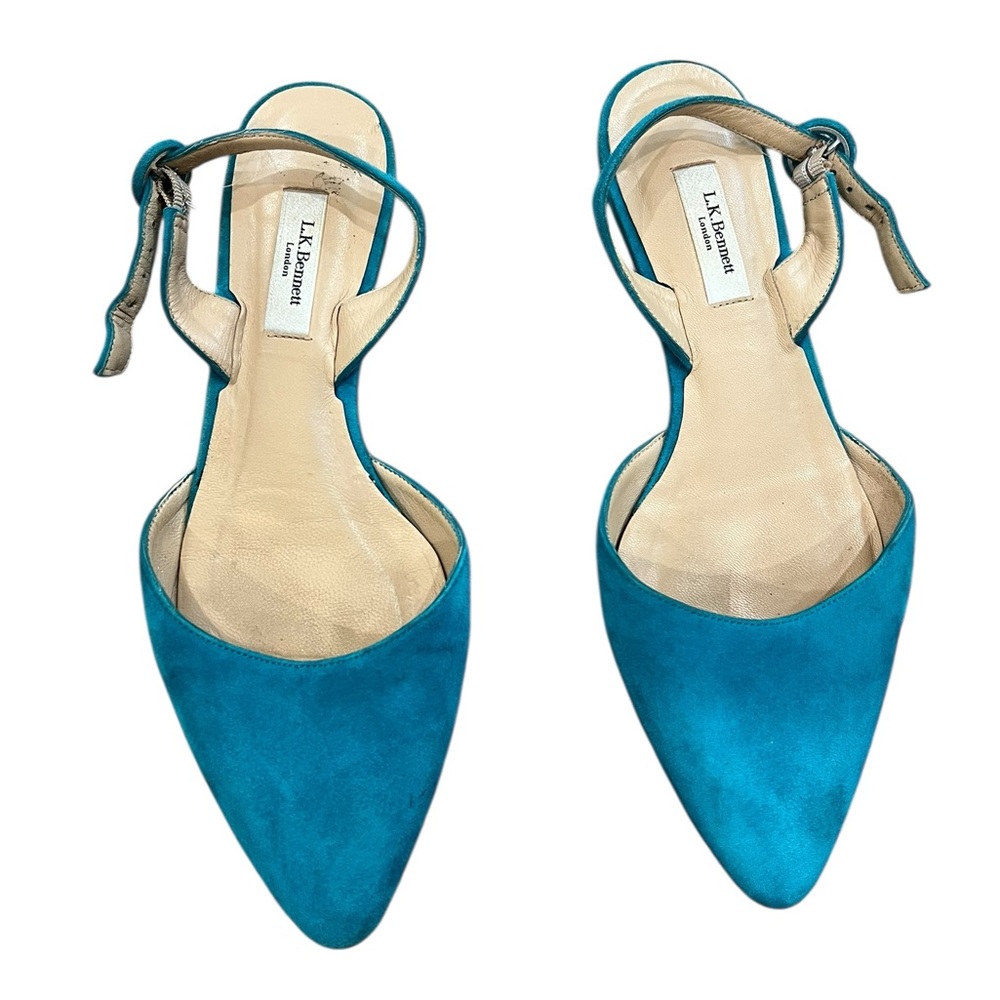 LK Bennett Teal Pointed Toe Suede Slingback Flats